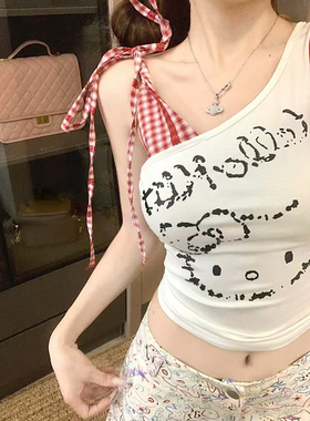 甜辣kitty女孩红格子拼接设计感无袖露肩T恤夏季修身短款背心小衫