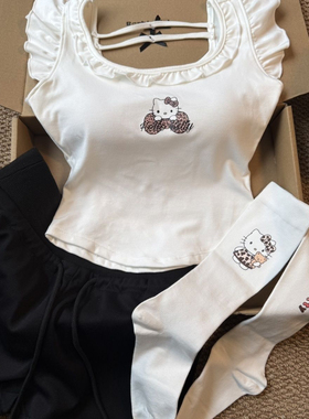 凯蒂猫小飞袖上衣女夏款百搭修身带胸垫小心机设计辣妹短袖