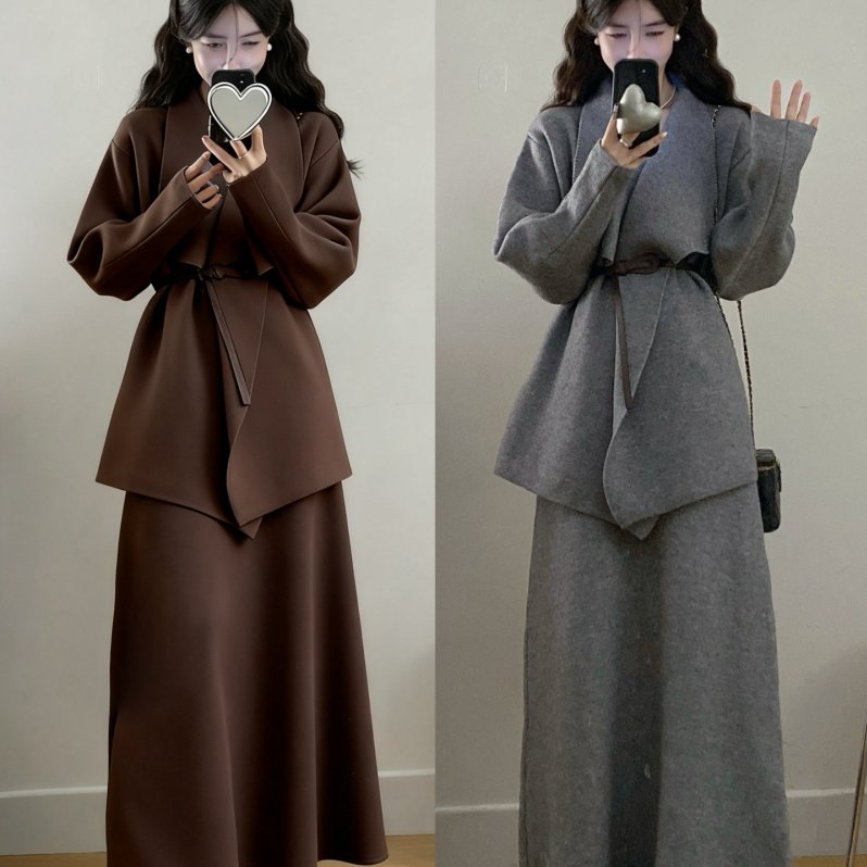 实拍大码女装秋冬新款高级时尚气质V领针织毛衣上衣+半身裙两件套