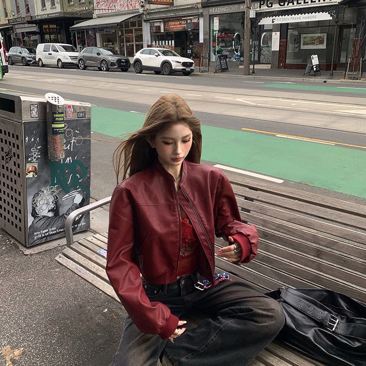 复古酒红色PU皮衣外套女2024秋季新款美式复古辣妹设计高级感夹克