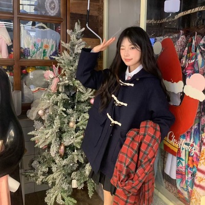 实拍 连帽牛角扣短款呢子大衣女加厚夹棉秋冬学院风藏青制服