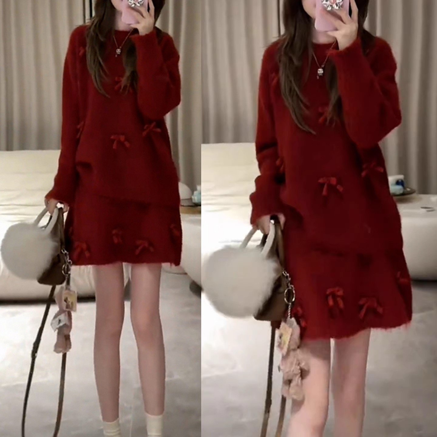 圣诞新年氛围感穿搭毛衣套装女秋冬季红色细闪针织衫半身裙两件套