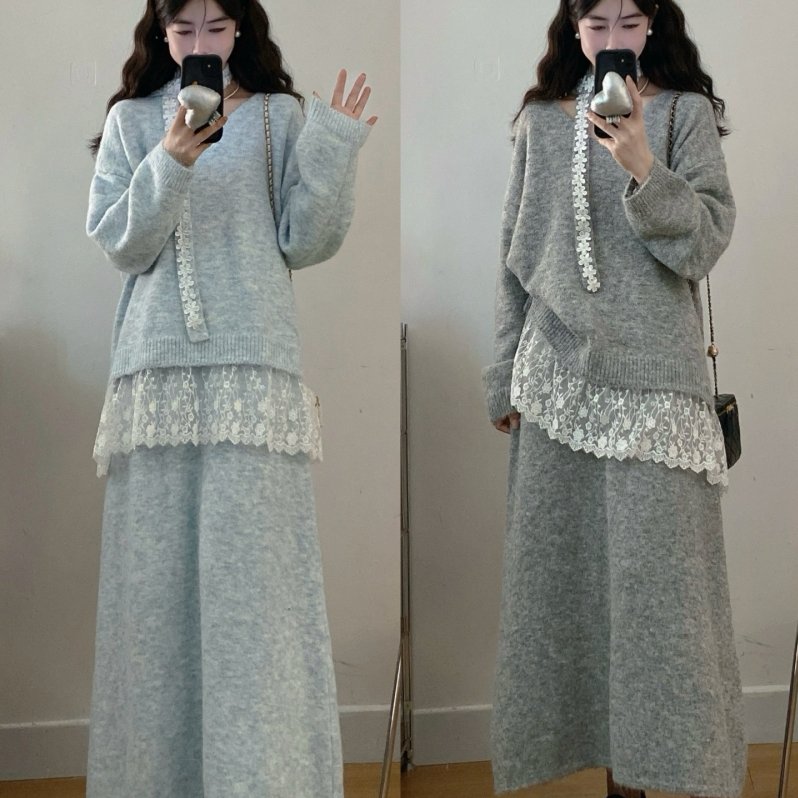 实拍大码女装秋冬新款温柔风蕾丝拼接毛衣上衣+显瘦半身裙两件套