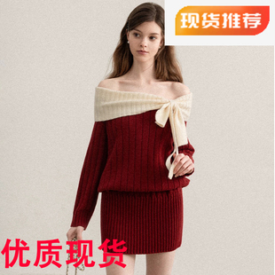 羊城故事 红色圣诞穿搭一字肩蝴蝶结长袖针织连衣裙女冬露肩短裙