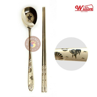 韩国原装进口属相生肖304不锈钢韩式传统餐具金色实心勺子筷子