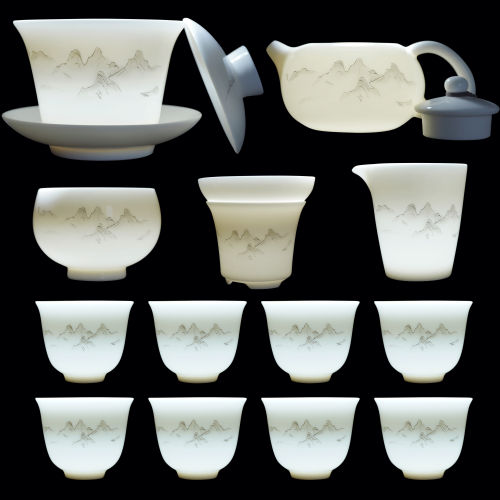 羊脂玉白瓷山水茶具套装陶瓷盖碗茶壶办公家用茶杯整套客厅高档