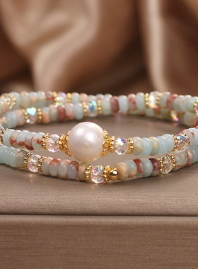 天然彩色寿山石珍珠串珠手链女