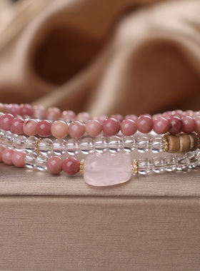 天然红纹石白水晶椰壳多圈手链女