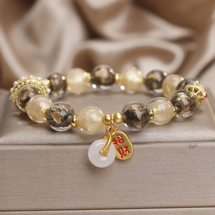 香灰琉璃手串女粉色金色流沙水晶显白手链轻奢精致跑环平安扣手链