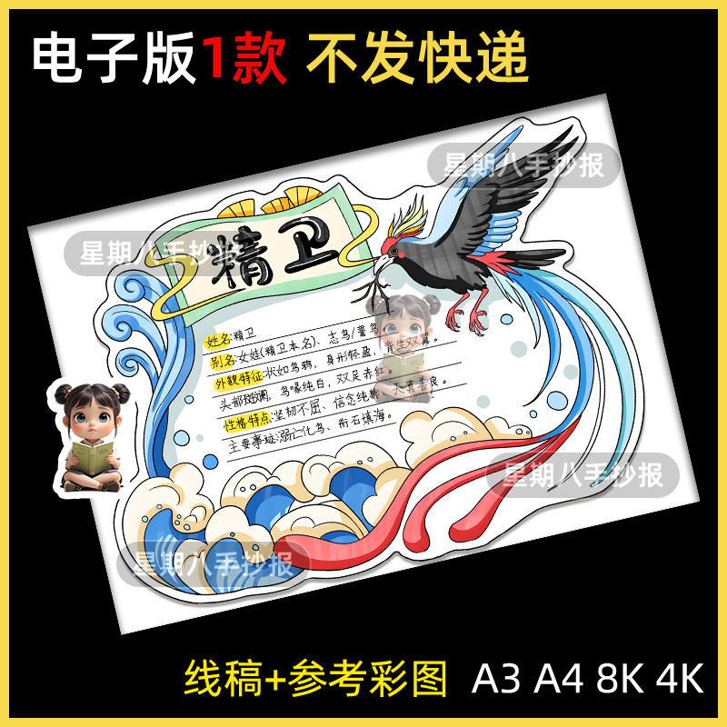 神话故事人物档案卡山海经精卫神兽人物名片手抄报电子小报阅读a4