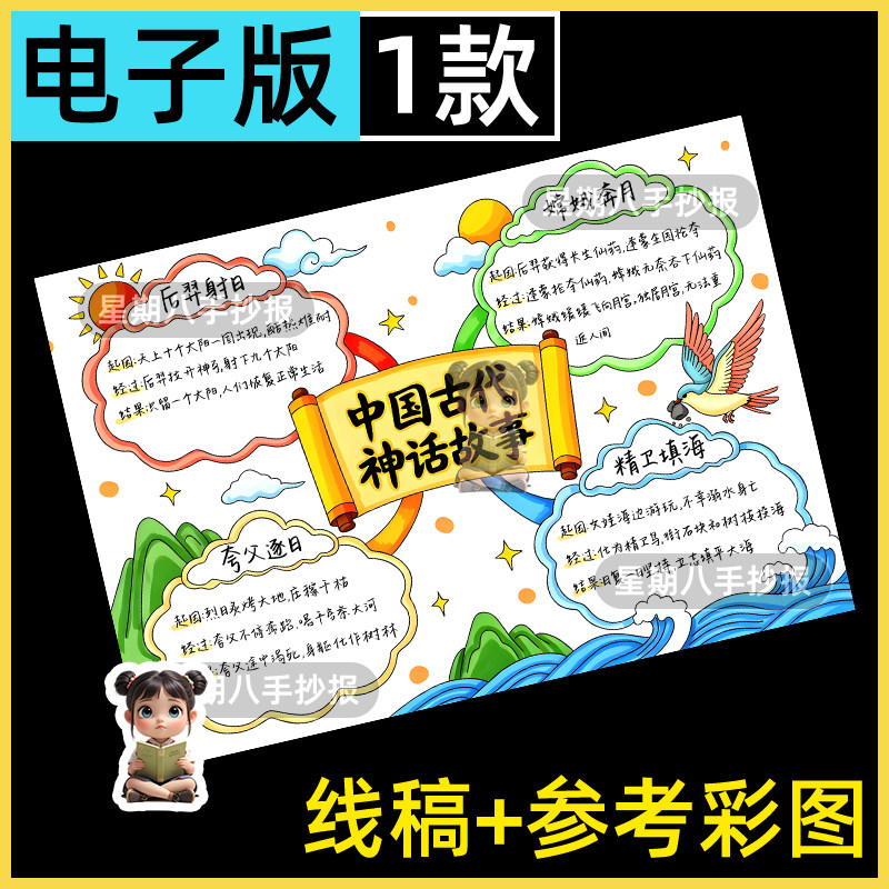 中国古代神话故事思维导图模板电子版小学四年级神话传说手抄报8k