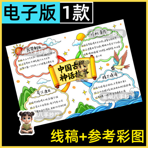 中国古代神话故事思维导图模板电子版小学四年级神话传说手抄报8k