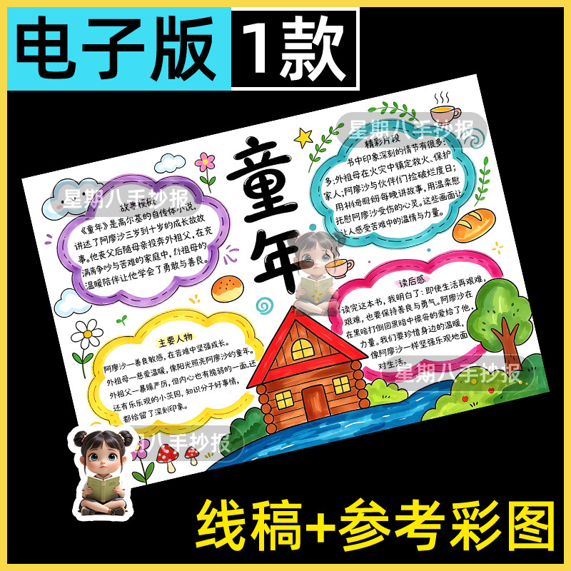 童年手抄报电子版模板六年级课外读书阅读小报快乐读书读后感线稿