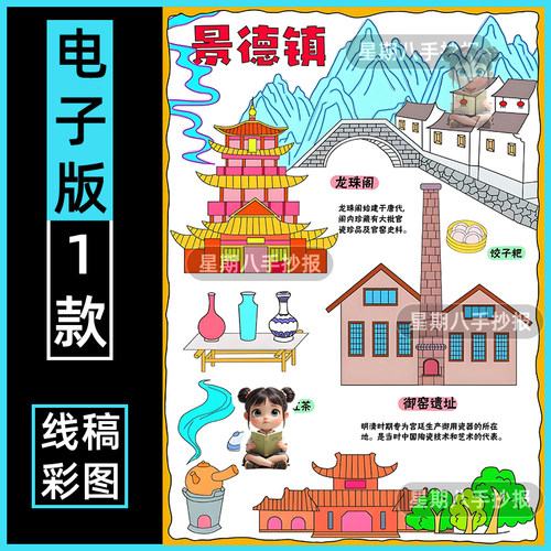 景德镇旅行记手抄报模板小学生假期景德镇游学旅游手抄报电子版a4