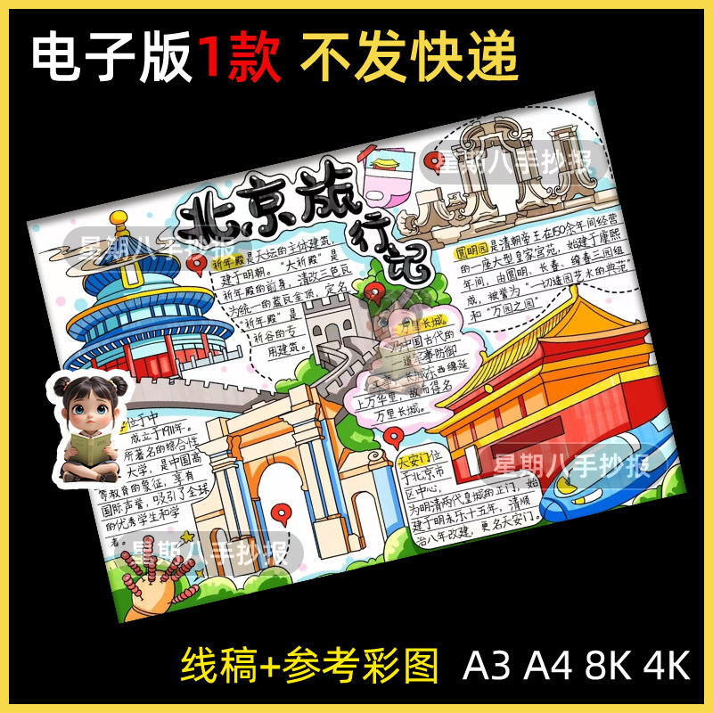 北京旅行记手抄报北京名胜古迹导览图假期旅游导游图涂色小报线稿
