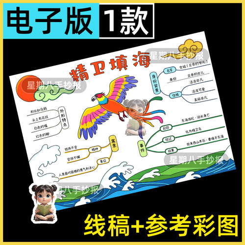 精卫填海思维导图手抄报模板小学生中国古代神话故事小报涂色线稿