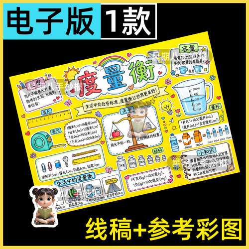 度量衡手抄报模板小学生趣味数学电子版小报8KA4A3线稿可打印涂色
