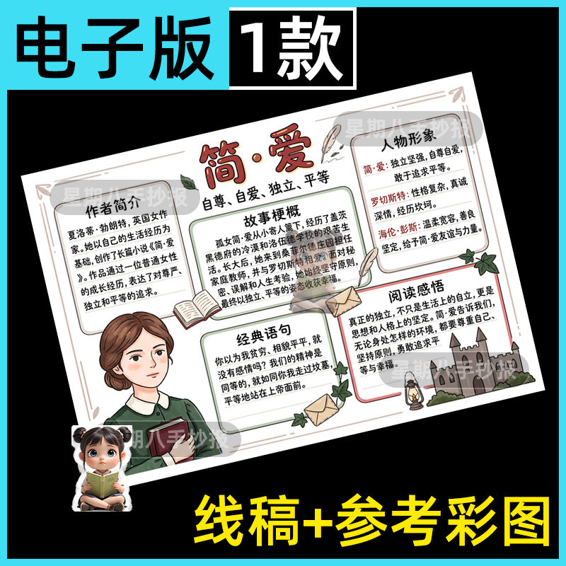 简爱手抄报世界名著初中生好书推荐阅读小报电子版线稿涂色模板a3