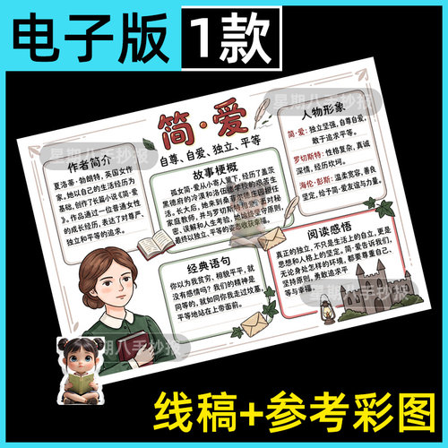 简爱手抄报世界名著初中生好书推荐阅读小报电子版线稿涂色模板a3