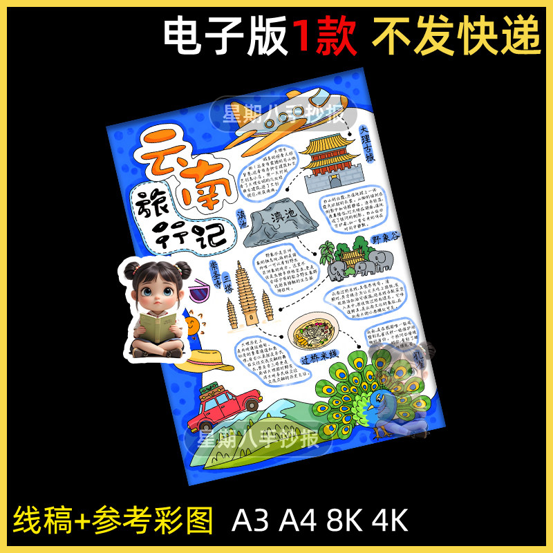 云南旅行记手抄报暑假假期出游美食攻略云南游玩云南研学路线小报
