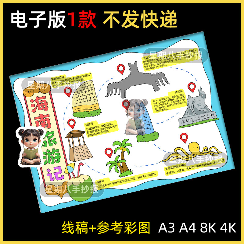 海南旅行记手抄报海南名胜古迹导览图假期旅游导游图涂色电子小报