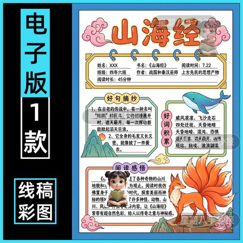 山海经阅读卡手抄报竖版小学生中国古代神话故事好书推荐读后感A4