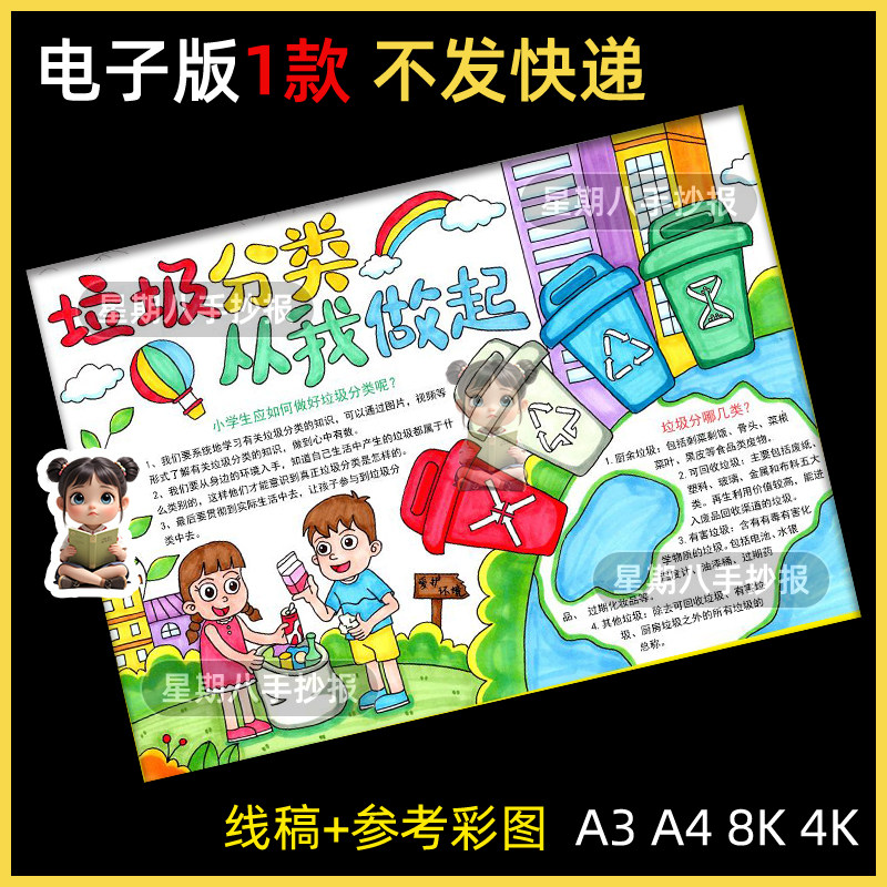 垃圾分类手抄报电子版模板小学生保护环境绿色环保文明城市小报a4