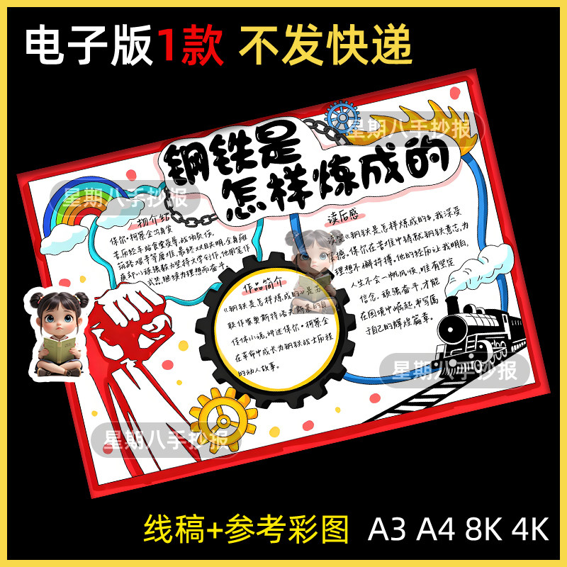钢铁是怎样炼成的世界名著阅读读后感好书推荐读书小报手抄报线稿