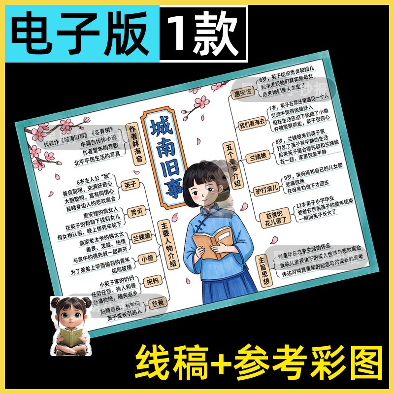 城南旧事思维导图手抄报模版小学生课外阅读好书推荐黑白涂色线稿