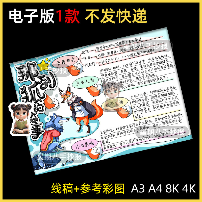 列那狐的故事思维导图手抄报电子模版课外阅读欧洲民间故事推荐a3