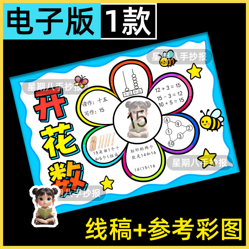 开花数手抄报模板电子版小学生一年级数学数字开花小报线稿涂色a4