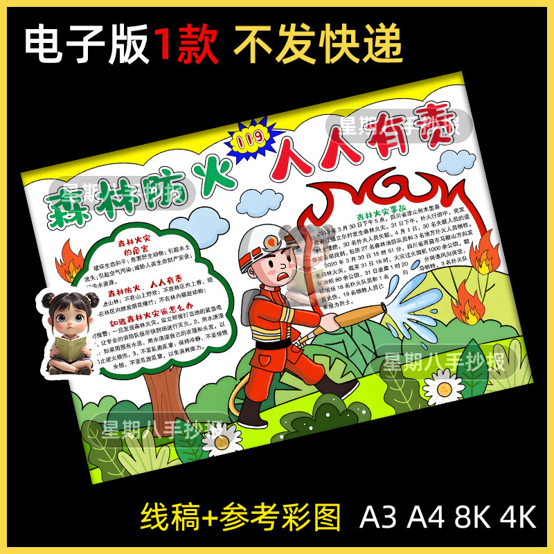 森林防火手抄报黑白线稿模板半成品消防安全教育防森林火灾小报8k