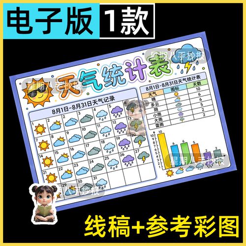 暑假天气统计表手抄报小小气象员一个月31天天气日历记录表线稿a4