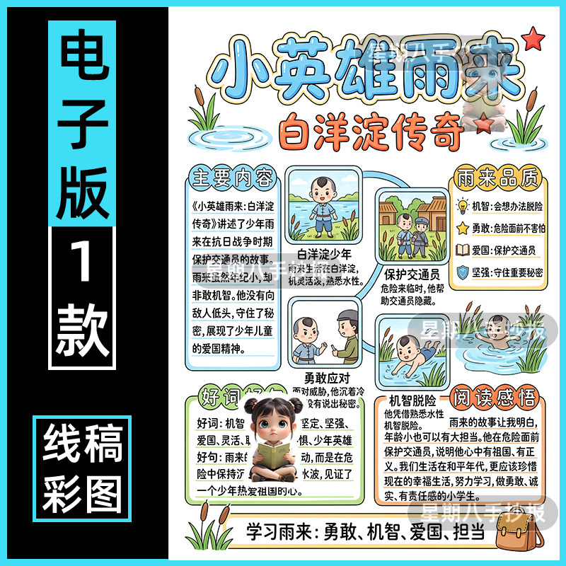 小英雄雨来手抄报白洋淀传奇模板六年级必读书目缅怀先烈读后感a4