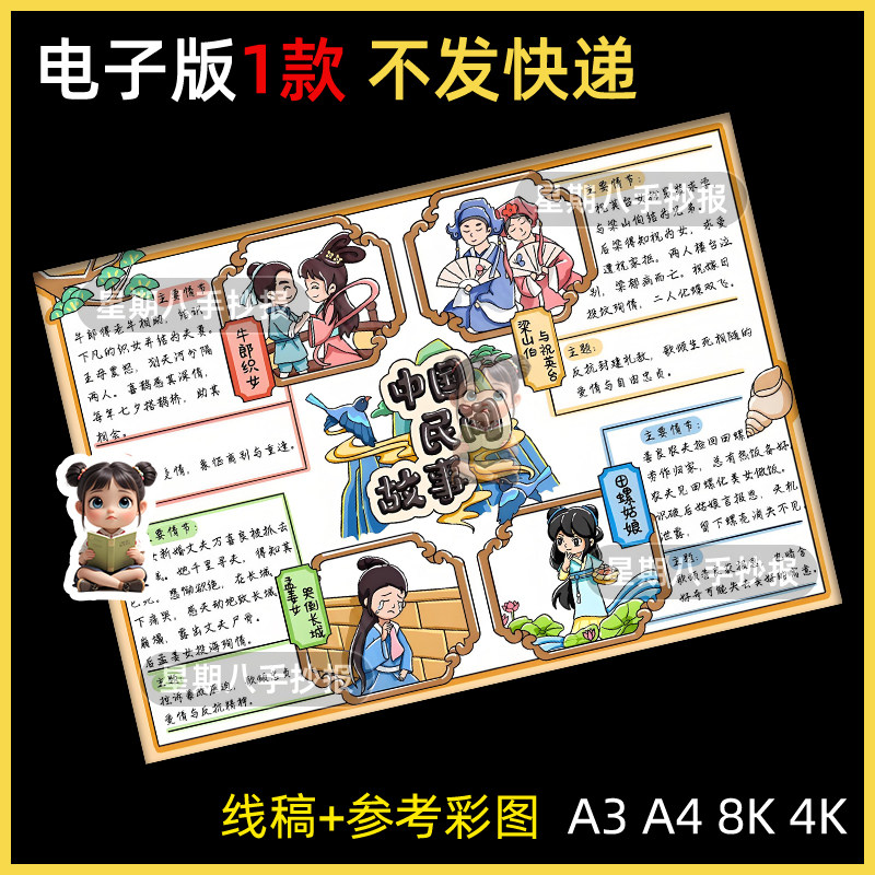 中国民间故事思维导图手抄报电子模板线稿牛郎织女梁山伯与祝英台