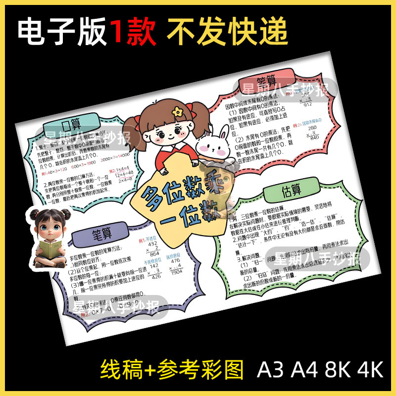 多位数乘一位数思维导图手抄报模板小学生数学三年级上册第六单元