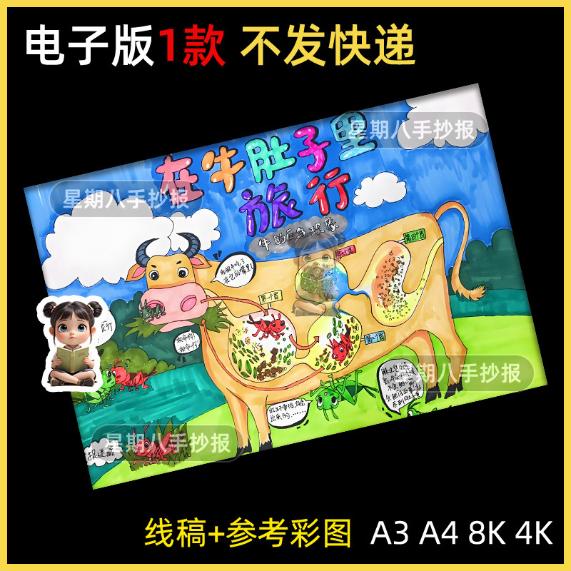 三年级语文在牛肚子里旅行思维导图手抄报绘画模板电子版黑白线稿