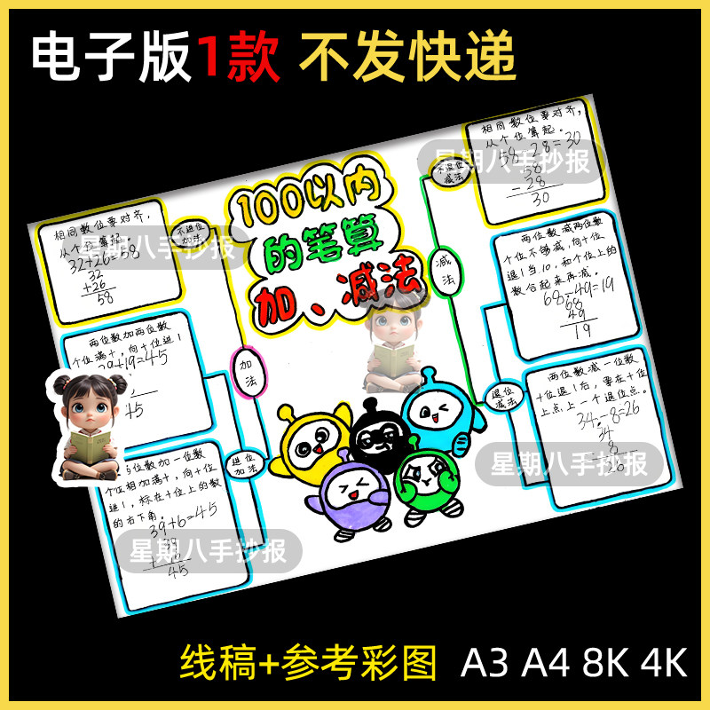100以内的笔算加减法思维导图手抄报模板电子版一年级下数学小报