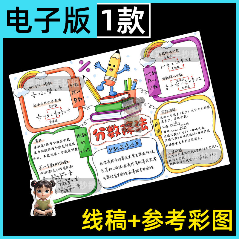 分数除法思维导图手抄报六年级数学上册第三单元线描涂色电子小报