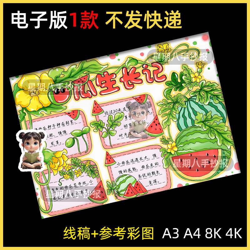 西瓜生长记自然笔记手抄报电子模板记录植物成长过程观察日记小报