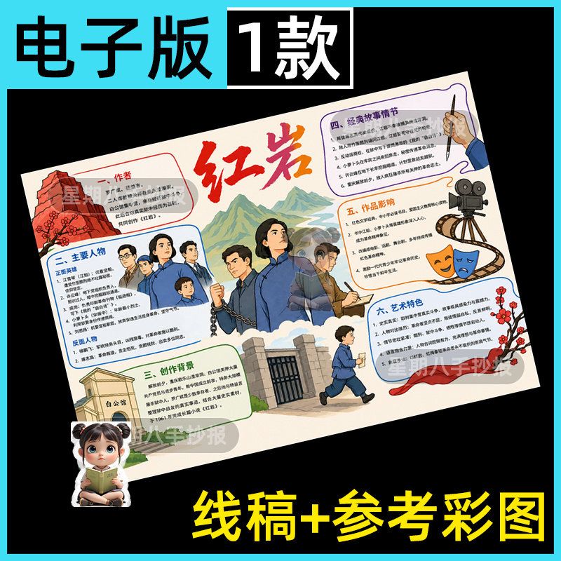 红岩手抄报模版电子版初中八年级上册语文红色主题名著阅读书线稿