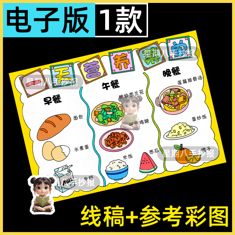一天营养餐手抄报模版校园食品安全健康卫生一日三餐营养午餐线稿