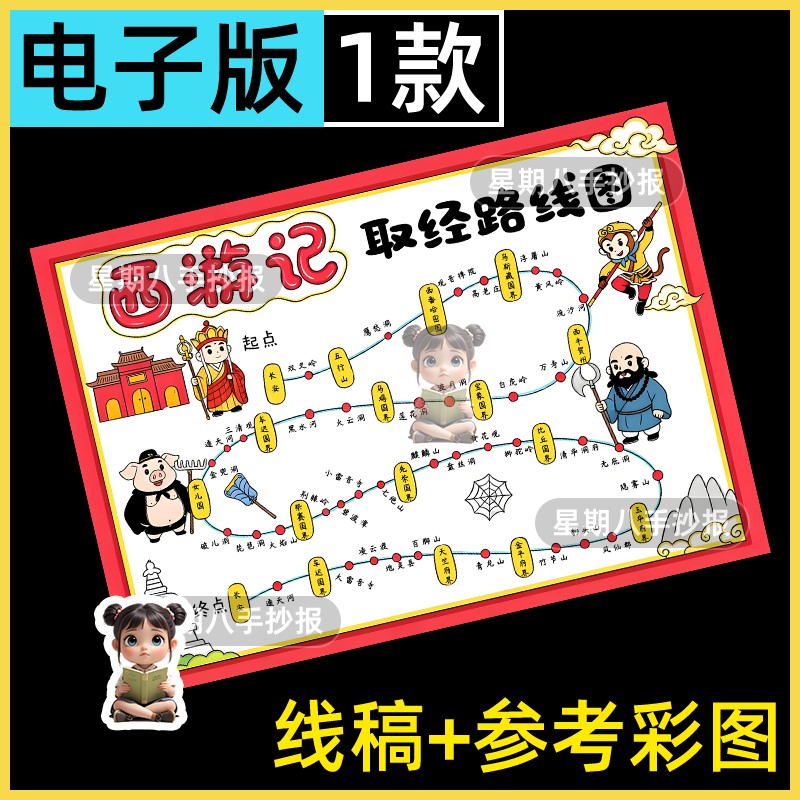 西游记取经路线图手抄报思维导图模板儿童绘画四大名著小报电子版