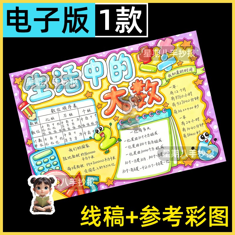 生活中的大数认识趣味数学主题绘画手抄报线稿打印涂色模板小报a4