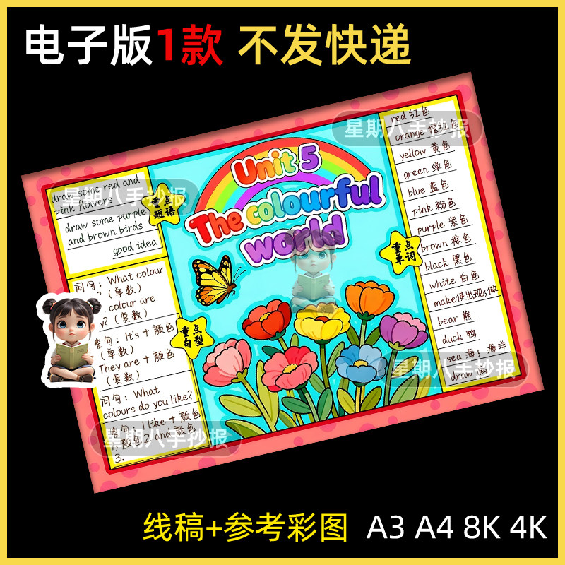 三年级上册第五单元英语The colorful world多彩的世界手抄报模板