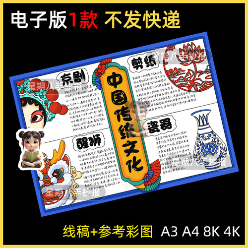 中国传统文化手抄报非遗传承中华国粹戏曲京剧剪纸醒狮瓷器儿童画