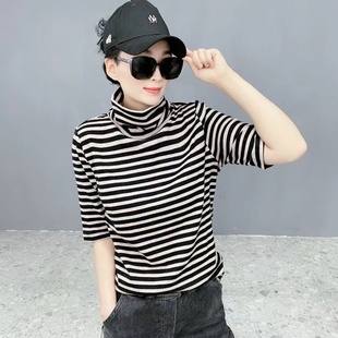 欧货2025秋冬新款高领百搭经典条纹短袖T恤女宽松显瘦减龄上衣潮