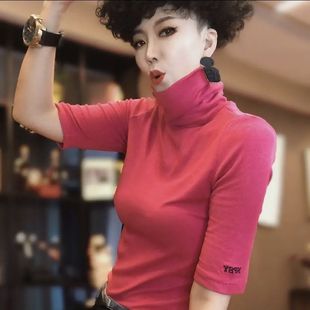 纯棉上衣休闲显瘦半袖 美拉德夏季 打底衫 高领五分袖 减龄上衣女 新款