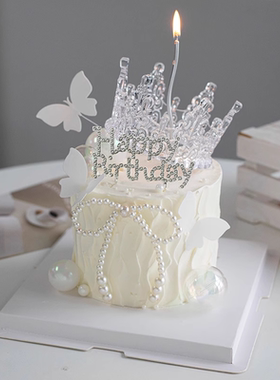 38女神节水晶皇冠蛋糕装饰珍珠蝴蝶结摆件钻石HB插件仙女母亲节