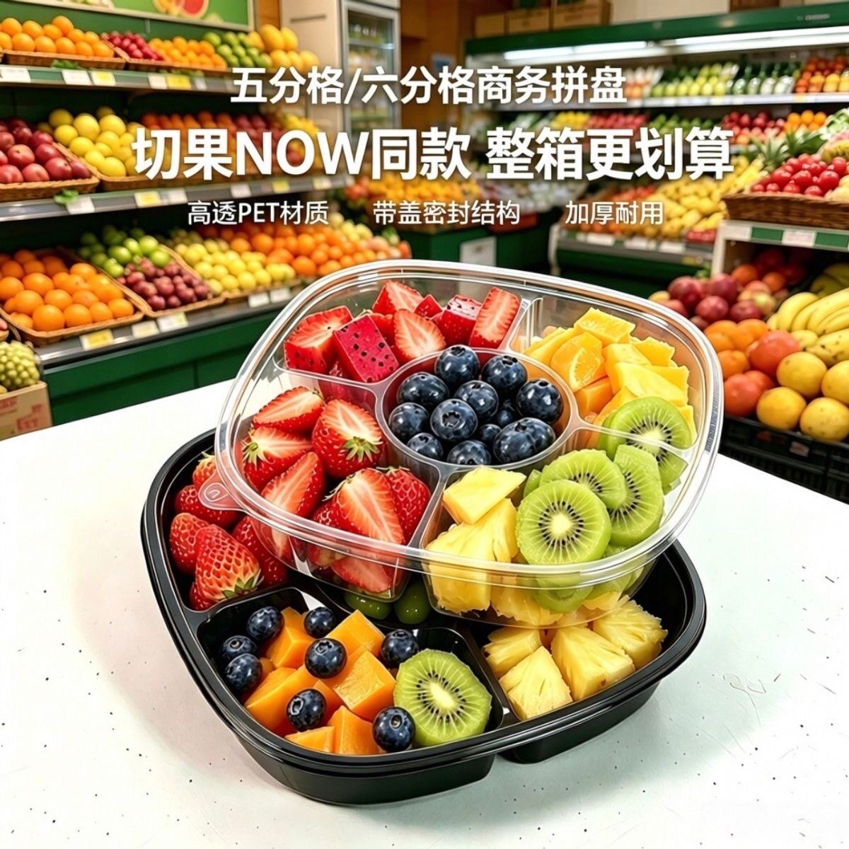 一次性鲜果切打包盒五分格正方形拼盘包装盒外卖餐盒切果NOW同款